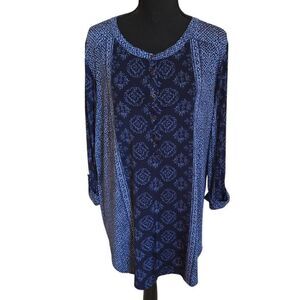 Nygard Womens Henley Two Tone Blue Print Tunic Top Size 1X